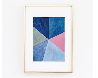 Original A3 Geometric Triangles Painting, Minimalist, Blues and Pink Paper Art, Softly Textured, Water, Australian Art