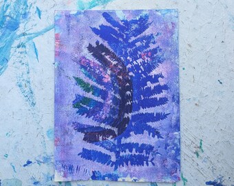 Original Small A5 Abstract Painting, Australian Handmade Art, Blue Gelli Print, Rustic Fern Leaves