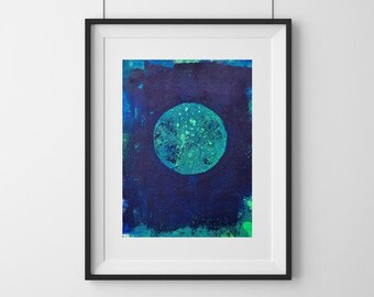 Small Green Moon Painting, Abstract Lunar Painting, Green Minimalist Gelli Print, Calming Meditative Art, Australian
