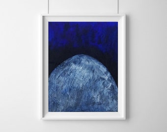 Abstract Lunar Painting, 9 x 7 Original Canvas Art, Blue Mountain, Dark Textured, Elizabeth Ellenor