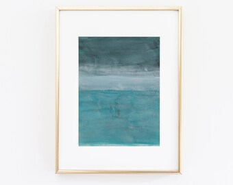 Original Abstract Ocean Painting, Muted Aqua Blue, Small Paper Art, Water Lines, Minimalist, Calm after the storm, 6 x 8