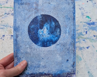 Small Blue Moon Painting, Abstract Lunar Painting, White Minimalist Gelli Print, Calming Meditative Art, Australian