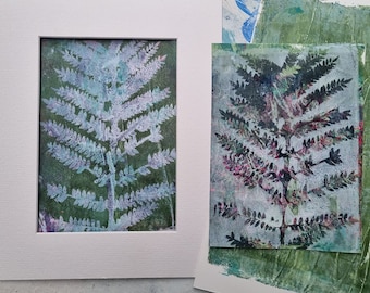 Small Abstract Painting, Australian Modern Art, Pair, Mono Gelli Print, Fern Leaves, Bedroom Wall Art, Painting Pair Set