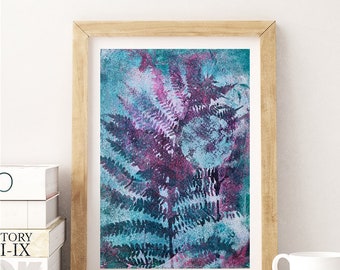 Small A5 Abstract Painting, Australian Handmade Art Print, Aqua & Purple Gelli Print, Leaves, Moon, Rustic Textured Wall Art