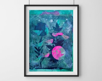 8 x 10 Abstract Painting, Bright Fluro Pink Art, Original Handmade Mono Print, Geometric Moon and Leaves Art Print