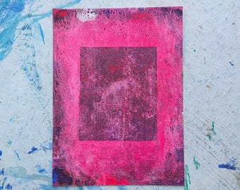 Small Original Abstract Art Print, Geometric Pink Minimalist Gelli Print, Bright Fluro Art, Australian