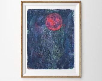 Dark Abstract Painting on A4 Paper, Original Gelli Print Art, Easy to Frame, Blood Moon, Sci Fi, Expressive Lunar Art