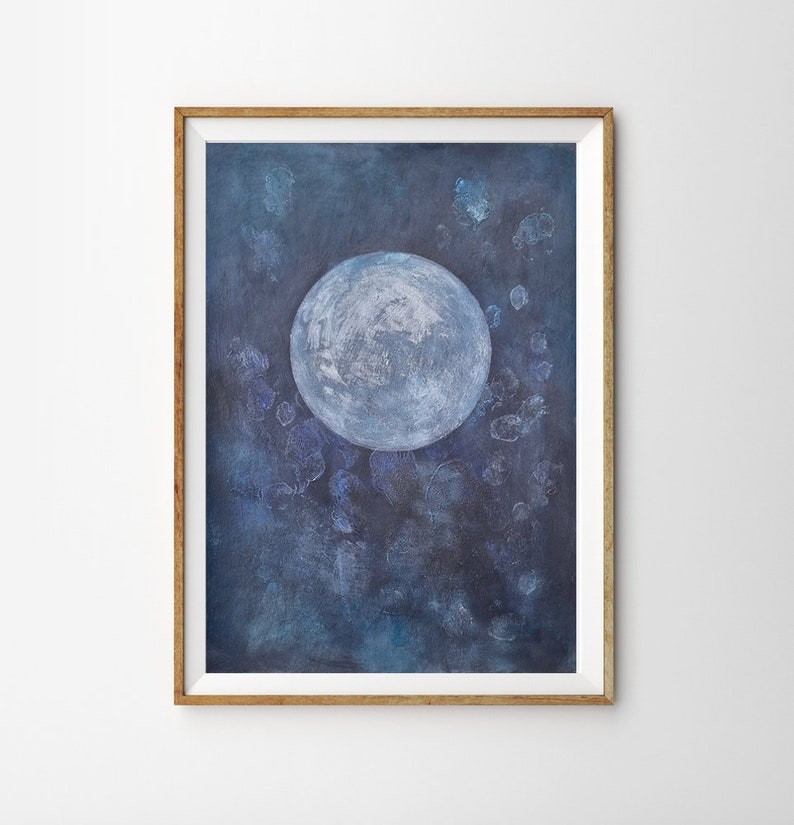 May include: A framed painting of a large, white moon on a dark blue background with white and blue speckles.