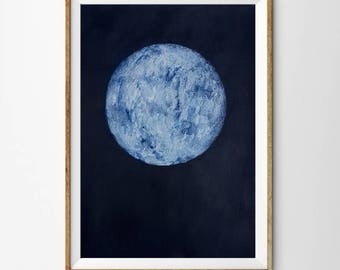 Original Moon Painting on A3 Paper, Lunar Celestial Painting, Full Moon, Minimalist, Blue, Modern Art, Australian Art