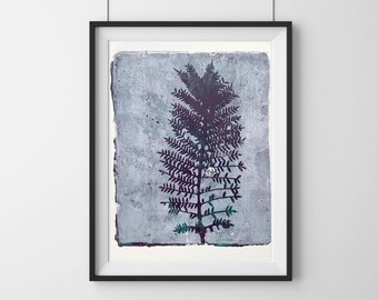 8 x 10 Abstract Fern Painting, Australian Original Art, Handmade Gelli Print, Nature Leaves, Grey Gray Wall Art