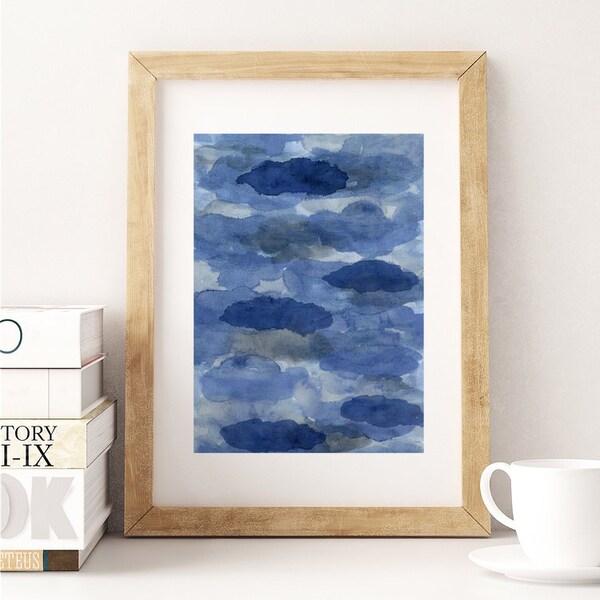 Petite impression d’Art abstrait de ma peinture à l’encre, le bleu et le gris des nuages, chambre de bébé moderne Wall Art par australien artiste Elizabeth Ellenor