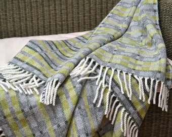 Handwoven lambswool throw -  'Dukagang Stripe' - in apple green and grey - throw, blanket throw, sofa throw, lap rug