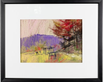 Original Expressionistic Pastel on Paper "Dry Season" by Bill Suttles. Cow, Field, Mountains, and Farm Structure in The Blue Ridge Mountains