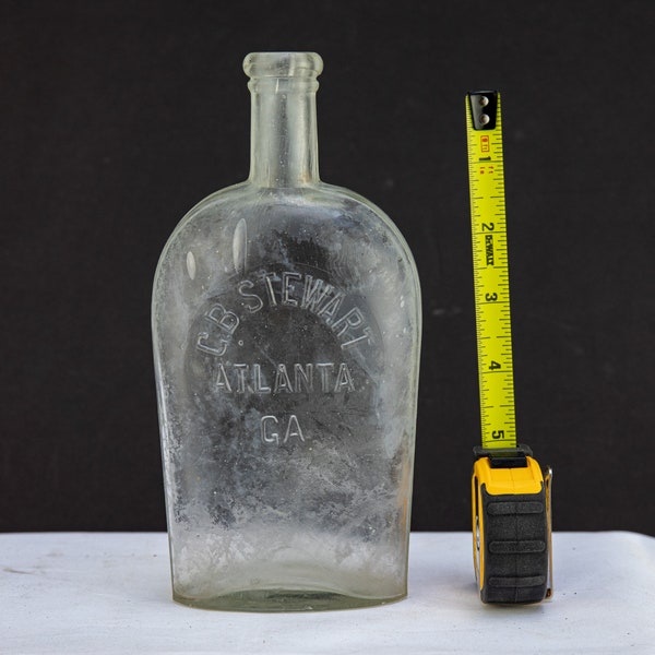 G B Stewart | Atlanta GA Strap Side Whiskey Flask Bottle Hand Blown in Mold w/ applied Lip; Pre-1900