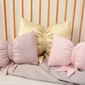 Bow Pillow, Coquette Pillow, Bow Shaped Cushion, Bow Decor, Throw Pillow, Girl Nursery Decor, Gold Ribbon Pillow, Cottage Core Pillow Girl