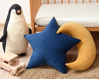 Almohada estrella azul marino, cojín estilo nórdico, almohada de pana azul marino, almohada de terciopelo costilla, almohada en forma de estrella, habitación infantil boho moderna, colorida