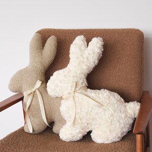 Two bunny boucle pillows, bunny cushion, fluffy bunny pillow, rabbit pattern, easy sewing pattern