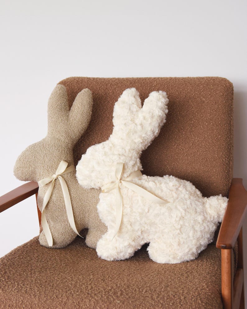 Two bunny boucle pillows, bunny cushion, fluffy bunny pillow, rabbit pattern, easy sewing pattern