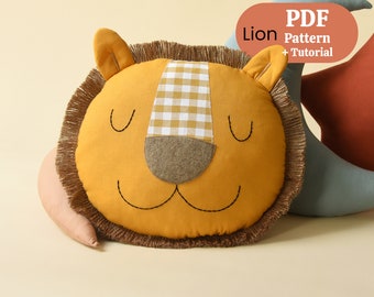 Patrón de costura e instrucciones de león, patrón de almohada de león, patrón de león de peluche PDF, patrón de peluche, patrón fácil de almohada para niños