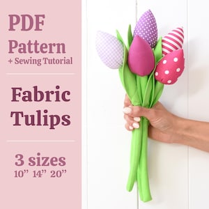 Peut inclure: Un patron PDF et un tutoriel de couture pour réaliser des tulipes en tissu en trois tailles : 25 cm, 35 cm et 50 cm. L’image montre un bouquet de tulipes en tissu colorées avec des motifs à pois et à carreaux.