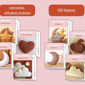 May include: A set of instructions and PDF patterns for sewing five different plush pillows: a star, a heart, a moon, a cloud, and a sun. The instructions include photos and the patterns are in black and white.