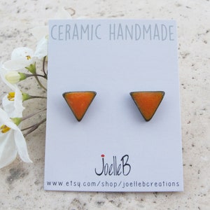 Ceramic stud earrings, Tiny orange triangle , Geometric earrings, Minimalist studs handmade.
