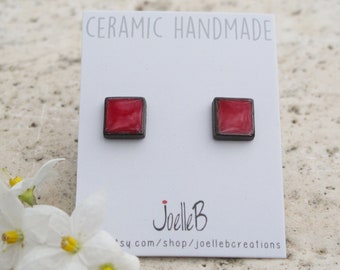 Small ceramic studs, Square red stud earrings, Geometric earrings, Minimalist studs, everyday earrings.