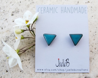 Ceramic stud earrings, Tiny triangle turquoise blue, Geometric earrings, Minimalist studs handmade.