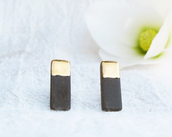 Black porcelain earrings and 22K gold. Minimalist rectangle studs handmade. Everyday geometric earrings.