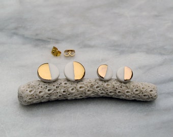 Tiny porcelain earrings white and 22K gold. Minimalist circle studs handmade. Bridesmaid earrings.