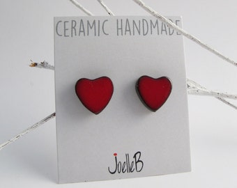 Heart stud earrings, Handmade ceramic earrings, Red heart earrings, Valentines Day gift, Mothers Day gift.