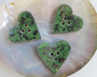 3 ceramic heart buttons, Emerald green buttons, large buttons, Handmade Stoneware Buttons, Sewing Supplies