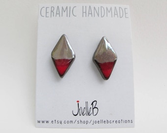 Ceramic stud earrings, Red and metallic studs, Geometric earrings, Minimalist studs, gift for her
