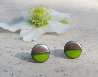 Ceramic stud earrings, small lime green round earrings, Minimalist studs handmade, everyday earrings.