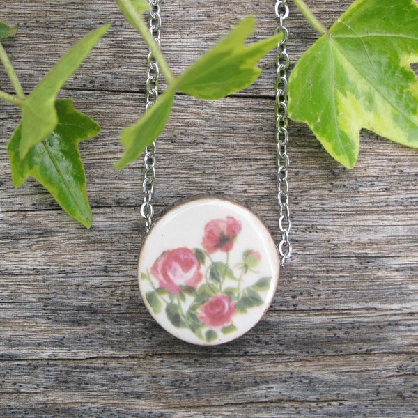 AROMATHERAPY necklace, Handmade ceramic pendant pink flowers, Diffuser necklace for essential oil or perfume.