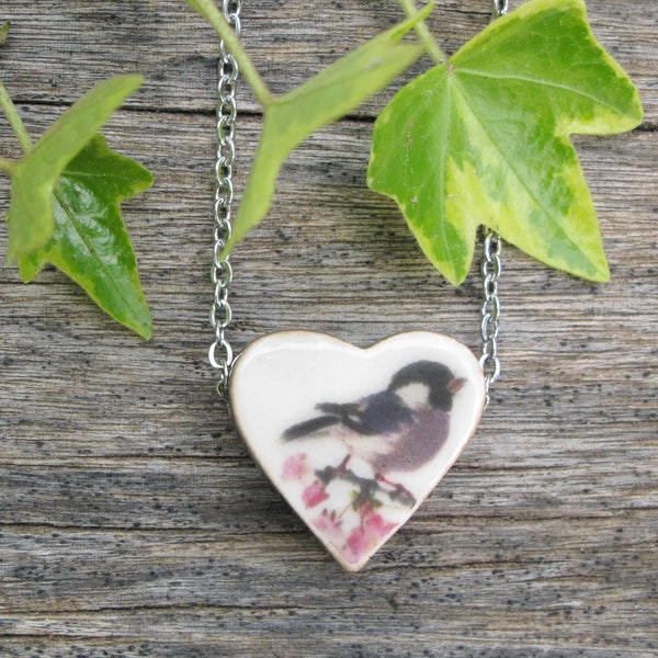 AROMATHERAPY necklace, Handmade ceramic heart pendant, bird illustration. Diffuser necklace for essential oil or perfume. Mother's day gift.