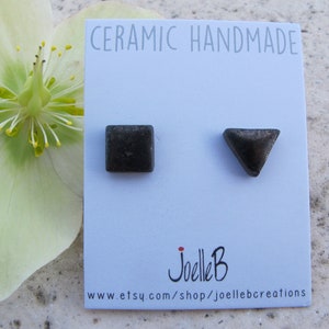 FOR MEN mini ceramic earrings. Minimalist black asymmetrical stud earrings. Stainless steel posts. Gift for men.