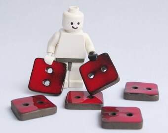 Small ceramic buttons, Handmade square buttons, six red sewing buttons.