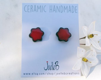 Red ceramic earrings, Handmade flower stud earrings, Stainless steel posts, Mother and daughter gift.