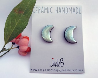 Ceramic earrings handmade, crescent moon stud earrings, Hypoallergenic earrings, Mothers Day gift.