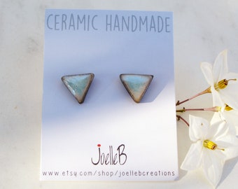 Ceramic stud earrings, Tiny triangle pearly white, Geometric and minimalist earrings.