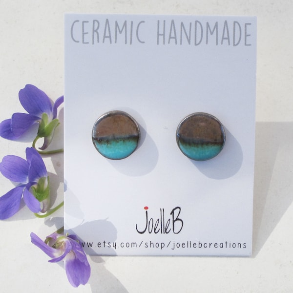 Ceramic stud earrings, small blue round earrings, Minimalist studs handmade, everyday earrings.