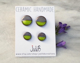 Ceramic stud earrings, small lime green round earrings, Minimalist studs handmade, everyday earrings.