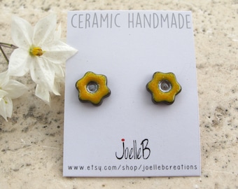 Yellow ceramic earrings, Handmade flower stud earrings, Stainless steel posts, gift for child.