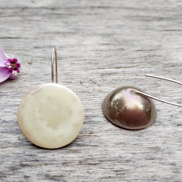 Ceramic earrings pearly white, sterling silver hooks, geometric and minimalist handmade earrings.