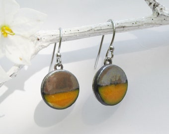 Ceramic earrings yellow and silver , surgical steel hooks, minimalist earrings handmade in France.