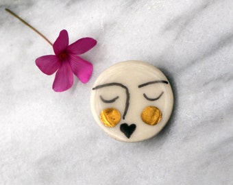 Porcelain brooch hand-painted. Ceramic moon face brooch and 22K gold. Christmas gift pin.