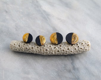 Tiny porcelain earrings black and 22K gold. Minimalist handmade ceramic circle studs . Everyday earrings.