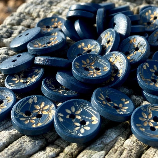 Wooden Buttons- Dark Blue - 2 holes - 15mm, 5/8 inch, Sustainable, Flower Detail, Natural Buttons,  Pack of 20