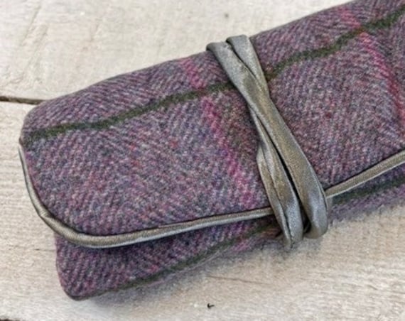 Jewellery Roll - Handmade with luxury purple heather tweed and gray satin lining